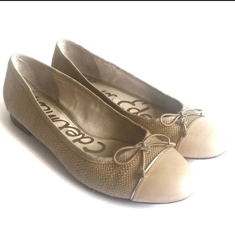 Sam Edelman Bev Wicker Cap Round Toe Ballet Flats - Size 6.5 (tan & cream)